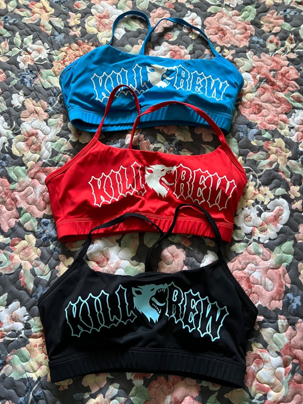 Kill Crew Trio Sports Bras in Blue, Red, Black